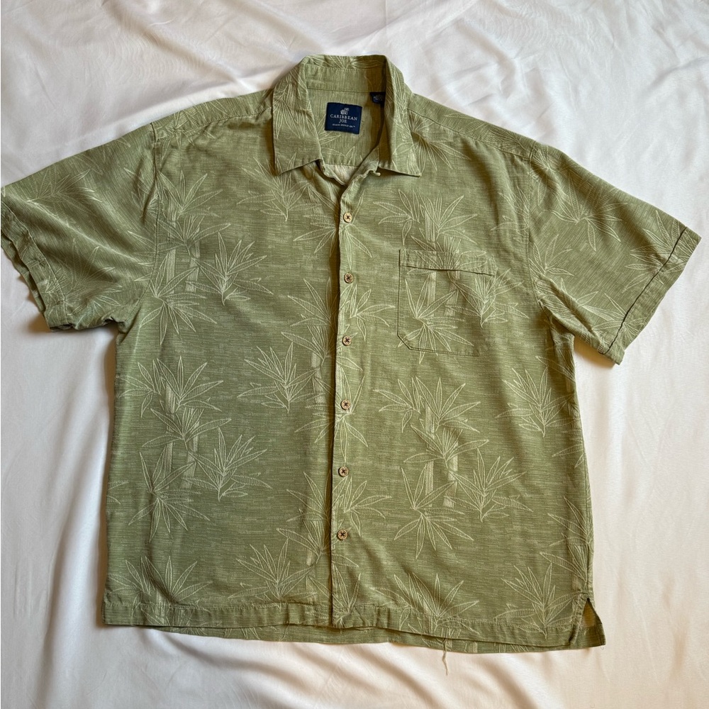 Caribbean Joe 100% Silk Shirt Men XL Green Hawaiian Camp Short Sleeve Button Up